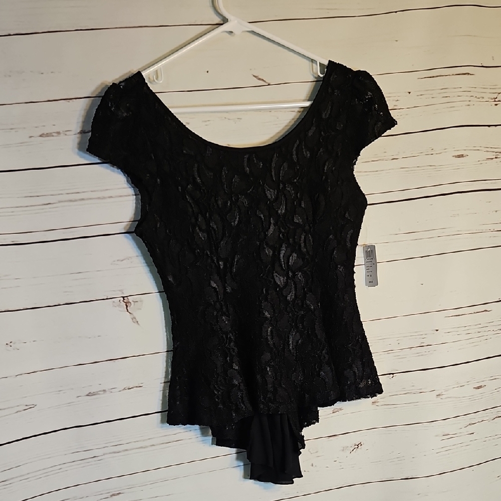 Black Lace Short‎ Sleeve Peplum Leotard Bow Back Women's Top NwT ,M